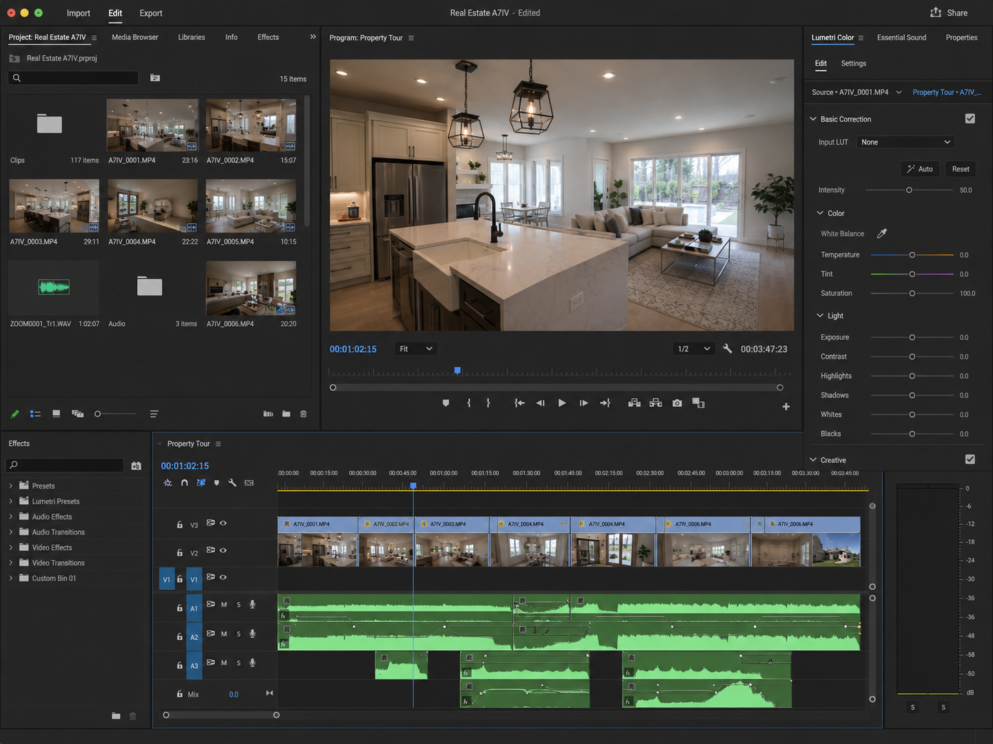 Editing a real estate video in Adobe Premiere Pro at C3 Productions