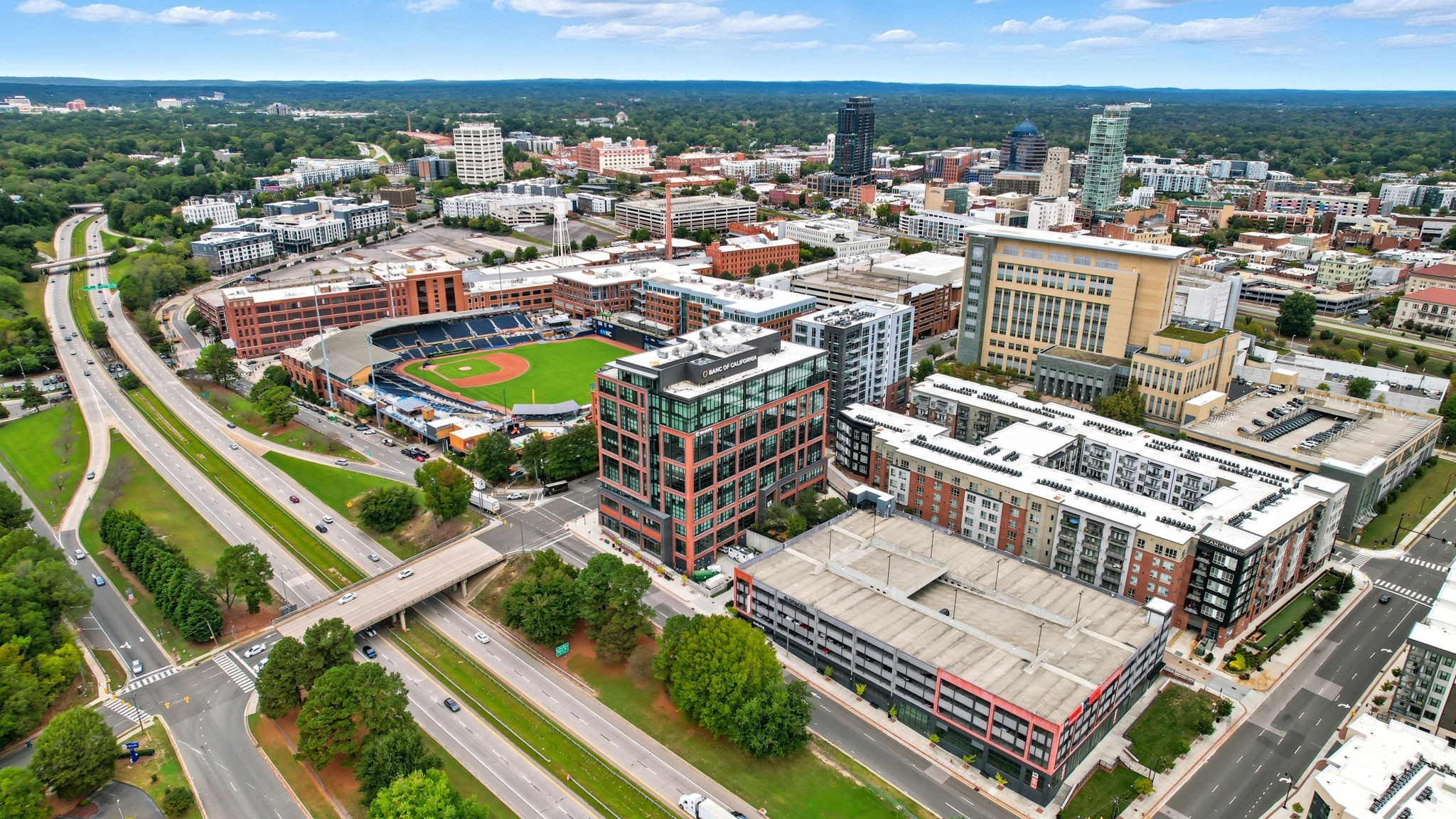 Aerial drone photography of the downtown Durham, NC skyline