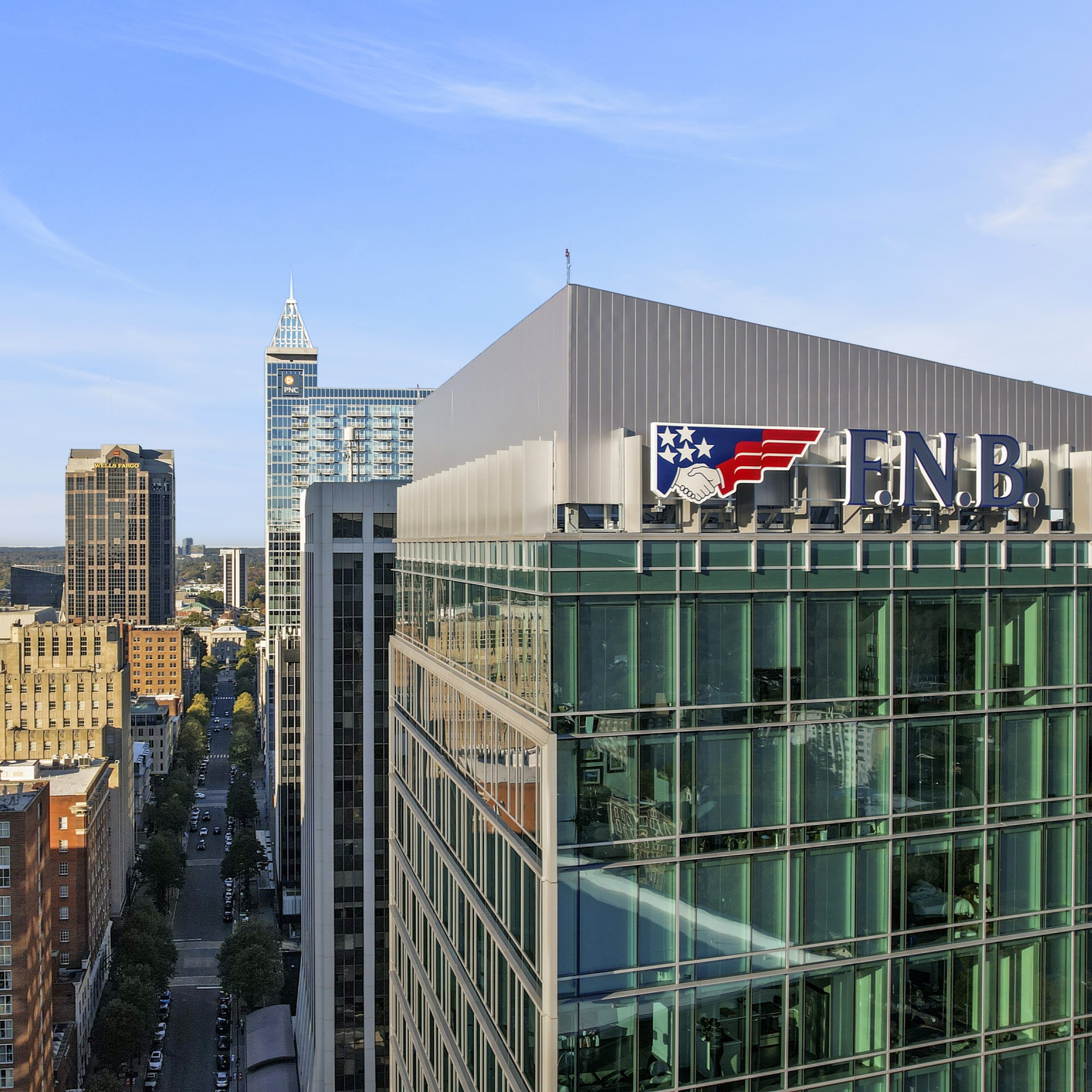 Aerial drone photography of the downtown Raleigh, NC skyline with the F.N.B. and PNC towers