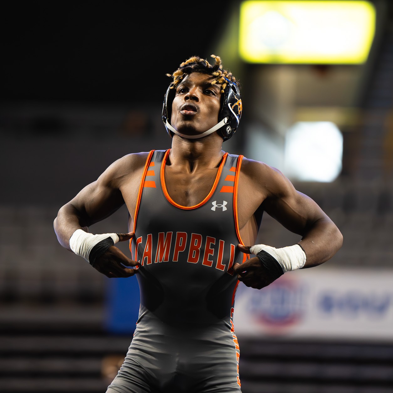 Sports photography portrait of a Campbell University wrestler