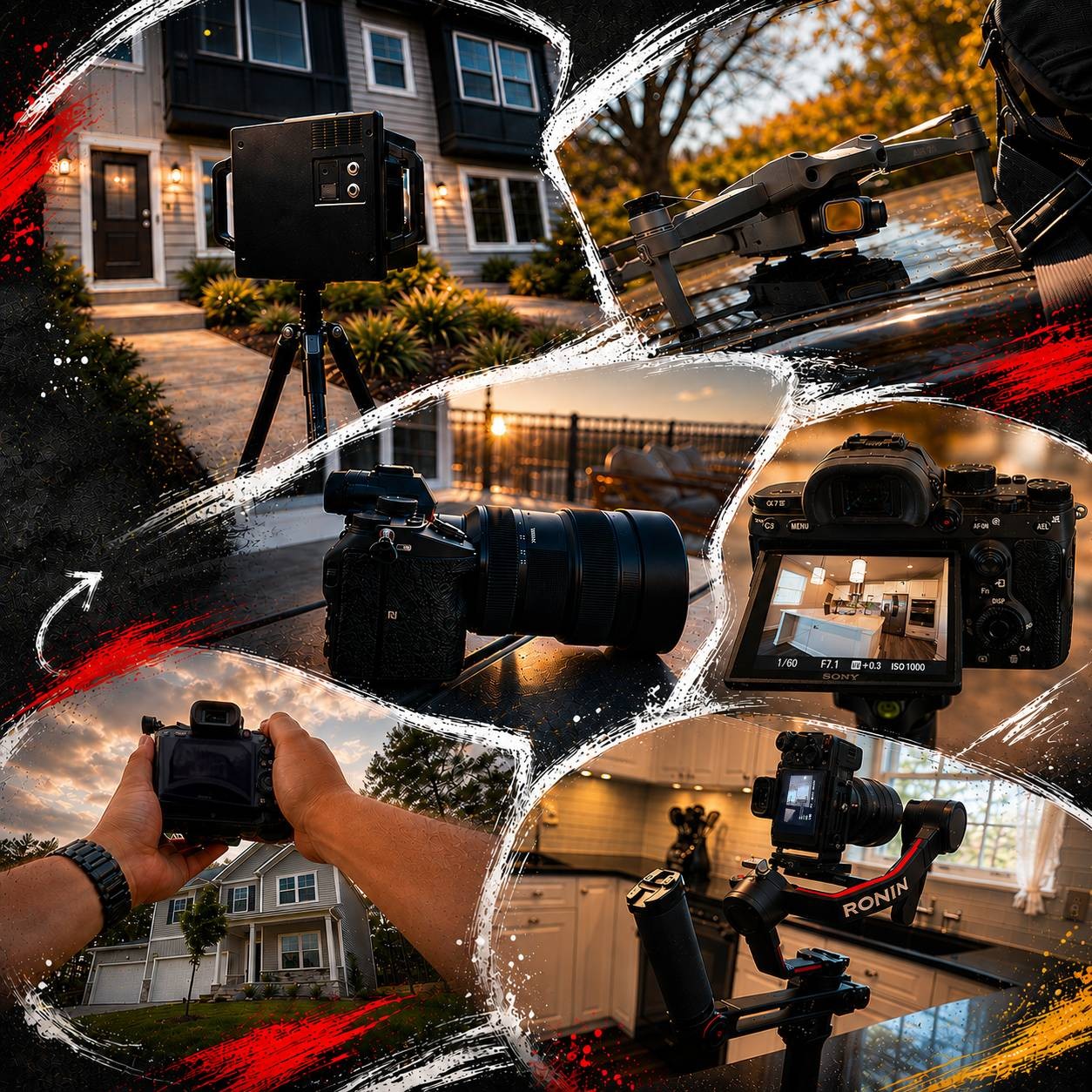 Behind-the-scenes of C3 Productions real estate media — 360 camera, drone, and gimbal on a Triangle, NC property