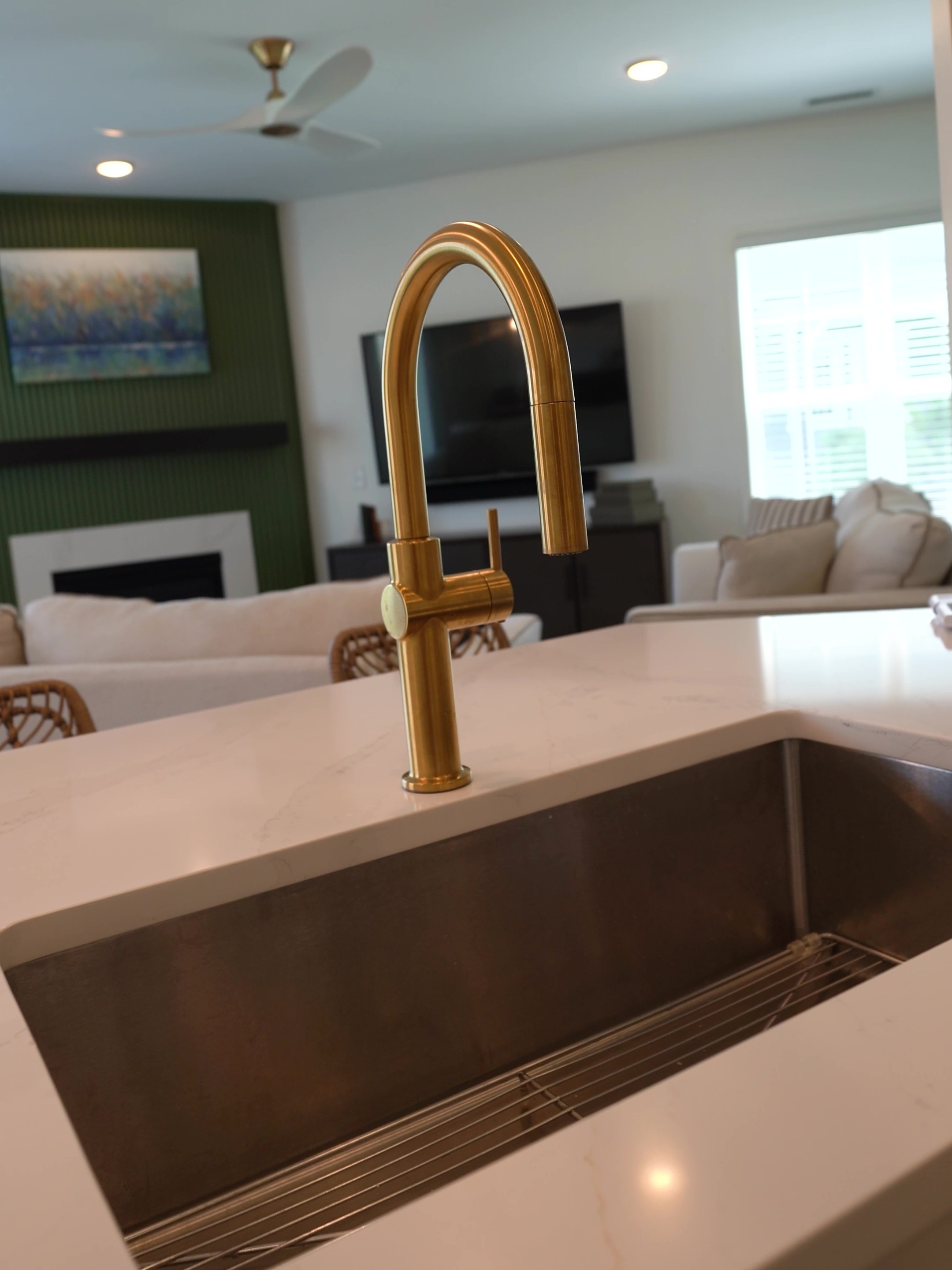 Real estate listing video still of a kitchen and living room interior in the Triangle, NC